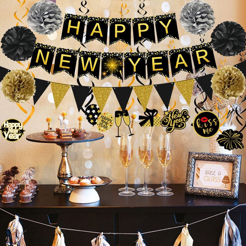 Famoby Happy New Year Banner Pom poms Triangle flag Swirls Garland Hanging Bunting for Happy New Year Party Decorations - Image 3